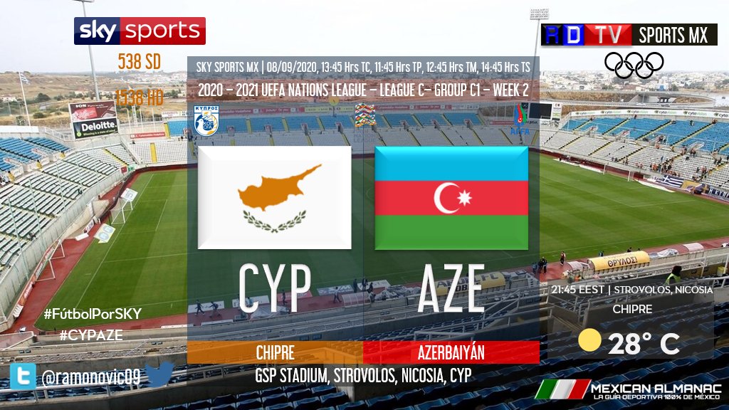 ramonovic09's tweet photo. #UEFANationsLeague #LeagueC #GroupC1 #Week2 |  
@CyprusFA 🆚 @affa_official

🇨🇾 #Chipre 🇦🇿 #Azerbaiyán  
📆 Hoy
📺 @SKYSportsMX 538 y 1538 HD 
⏰ 13:45 hrs TC, 11:45 hrs TP
🎤 @fpesebastian   

#FutbolPorSKY #LavateLasManos #CYPAZE
🇲🇽 #MexicanAlmanac https://t.co/6VvdGkOY6y