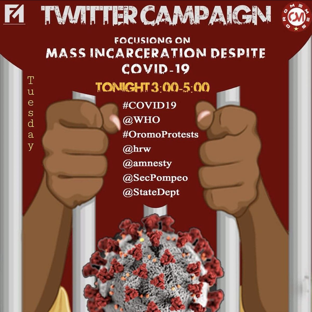 FBedaso's tweet photo. Hello Oromo twitter and friends! Please join this twitter campaign. This is to bring to the worlds attention the mass incarceration of civilian population in #Oromia regional state &amp; the deliberate exposure to Covid-19 of those incarcerated by the Ethiopian government. https://t.co/GtQRomiW3E