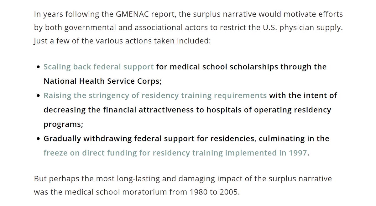 The "physician surplus" narrative had pernicious policy consequences.- Medical school scholarships were scaled back.- Stringent training requirements were imposed on residency programs.- All while the federal govt gradually withdrew public funding for residency programs.