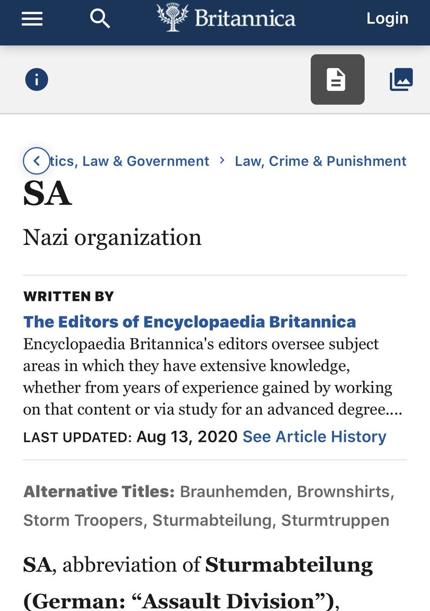 4635 -History repeats itself (today).RE: IRREGULAR WARFARERE: TACTICS DEPLOYED v AMERICACompare & ContrastThen v Now https://www.britannica.com/topic/SA-Nazi-organizationThen: methods of violent intimidation deployed by SANow: methods of violent intimidation deployed by Antifa?