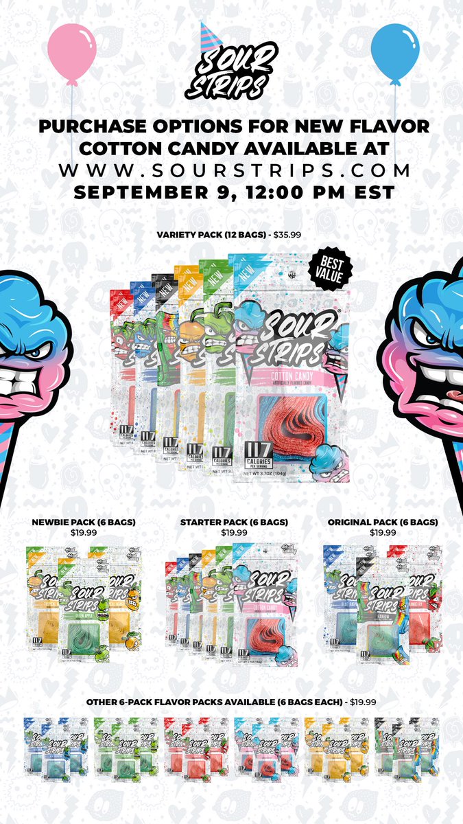 COTTON CANDY GIVEAWAY! Retweet this and follow <a href="/sourstripscandy/">Sour Strips</a> to win! 3 people chosen at 10pm tonight! Launching tomorrow at 12pm EST! sourstrips.com