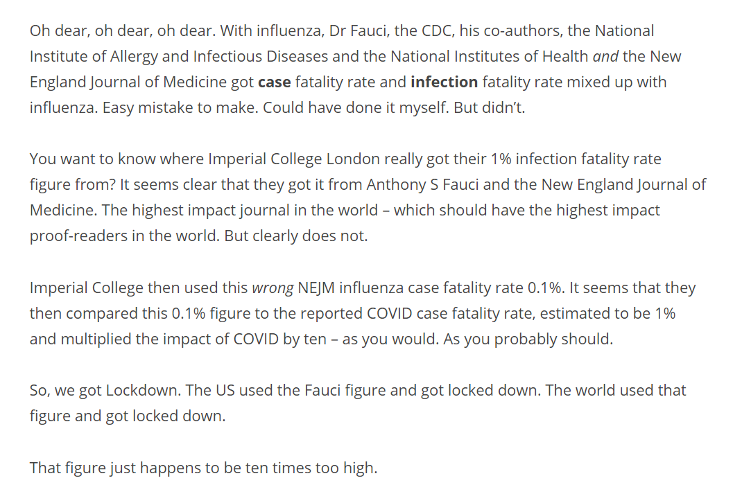 11/ Malcolm Kendrick, discussing Dr Brown's findings, https://drmalcolmkendrick.org/2020/09/04/covid-why-terminology-really-matters/ says that Imperial College model, which panicked everyone, relied on Fauci's erroneous IFR (as opposed to CFR) of 1%. Even worse than we thought.