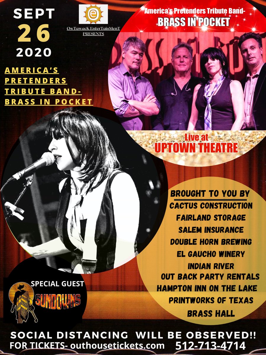 UptownMarble's tweet photo. Come out for the night and safely enjoy some live music with the magnificent @pretendersband - BRASS IN POCKET 
Visit @outhousetickets or call 512-713-4714
#livemusic #pretenderstribute #brassinpocket #uptowntheatre #supportlivemusic #supportlivemusicvenues https://t.co/yQLwxf3iYx
