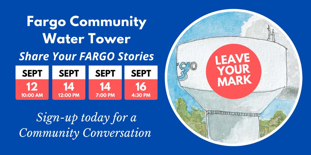 Share your #Fargo memories, funny and serious stories, tall tales, and hopes for the future to inform a design for a new water tower. Sign-Up here: bit.ly/FargoWaterTower  #ArtAboveTheHorizon #FargoCommunityWaterTower
