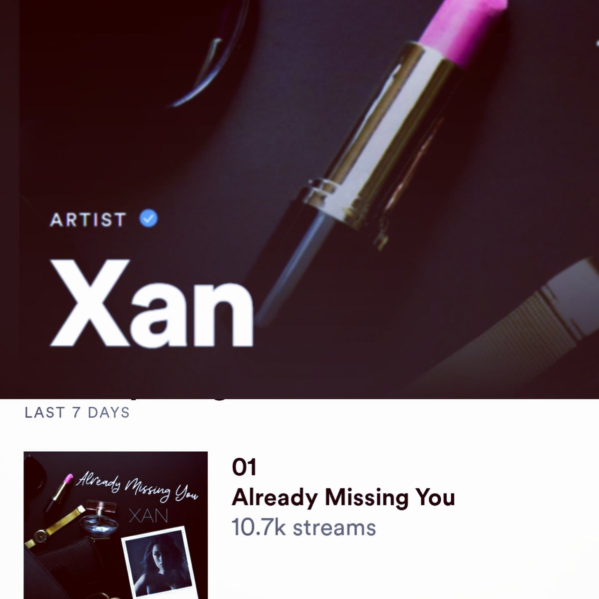 XanXOXOMusic's tweet photo. Wow! In the last 7 days alone, ALREADY MISSING YOU has gotten 10,000 streams on @spotify!!! Thank you for the support everyone!!❤❤❤
#spotify #popmusic #singersongwriter #spotifyplaylist #xan #alreadymissingyou #Spotify #NewArtists https://t.co/wjLJavC4gV