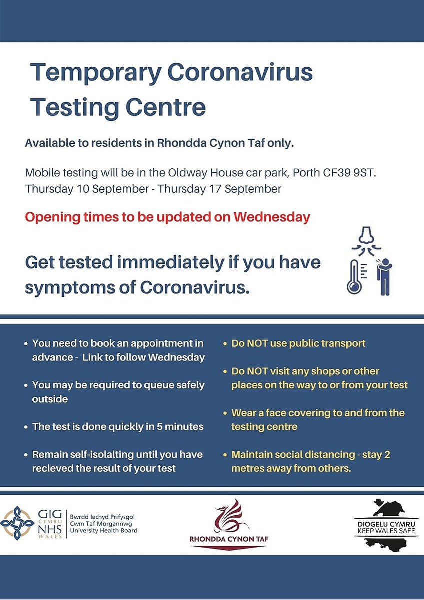 RCTCouncil's tweet photo. Due to a recent rise in number of COVID-19 cases in Lower Rhondda area, RCT Council, working in partnership with Cwm Taf Morgannwg UHB will be setting up temporary testing centre in Porth from Thursday 10 September. More info: https://t.co/rpVXTTF6QL

#KeepWalesSafe #KeepRCTSafe https://t.co/aNdVuhAE42