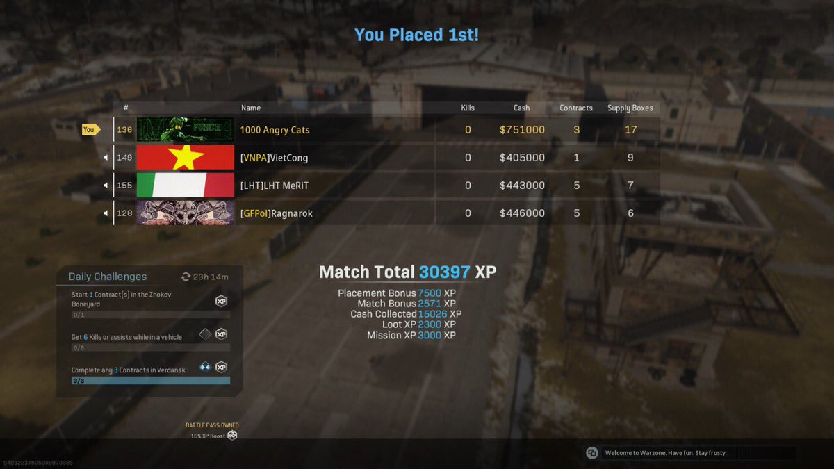 MrPostm41580273's tweet photo. So, this morning before vehicles came back me and a squa of randoms took the win on plunder without firing a single shot all game! Glad vehicles are back though 😅 #warzone #callofduty #ModernWarfare #CallOfDutywarzone #warzoneplunder https://t.co/sKiVKJWkRk