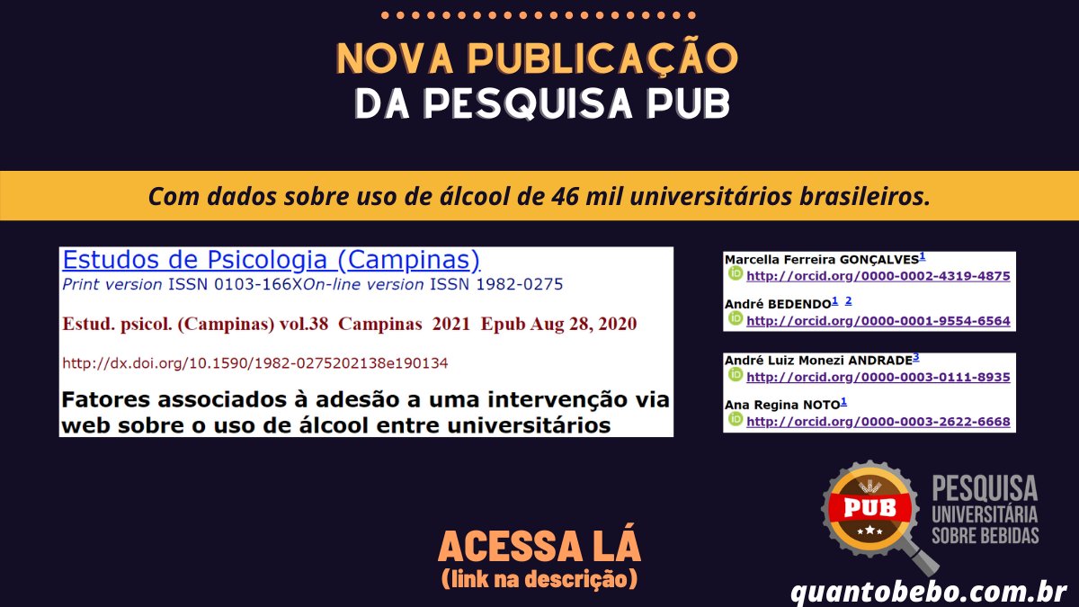 Novo artigo da <a href="/pesquisapub/">Pesquisa Universitária sobre Bebidas - PUB</a> 😀
tinyurl.com/yyxygske
Acessem e participem também do seguimento deste estudo: quantobebo.com.br
Apoio da <a href="/agenciafapesp/">Agência FAPESP</a>, realizado na <a href="/unifesp/">Unifesp</a>
#ciencia #ciêncianobrasil #pesquisapublica #fapesp #pesquisapub #alcool #universitario #quantobebo