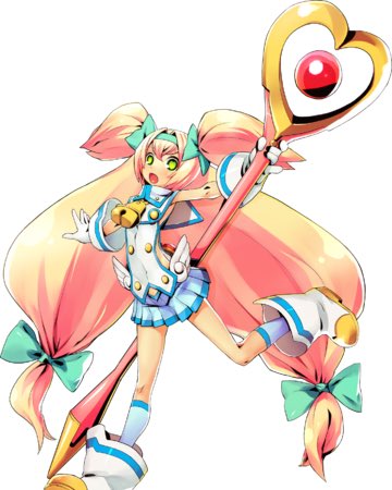 Platinum the trinity, who is three souls in one body. The three souls being a really annoying girl, a really nervous guy and the third being literally one of the great heroes in the lore. Also a load of magical girl stereotypes