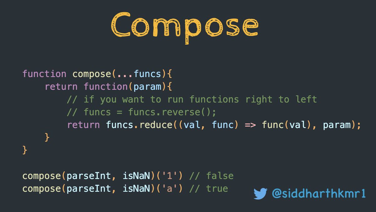 siddharthkmr1's tweet image. #javascript notes

✨ Write your own compose function

🧐 Have you ever used compose before?

#100DaysOfCode #CodeNewbie