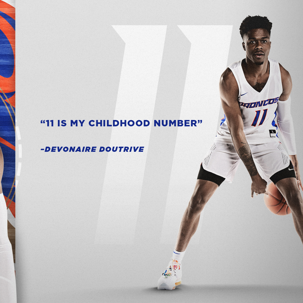 Another new number for another Bronco who joined us midway through last year. Devonaire Doutrive will rock 11 as an ode to the past. 📏 6'5” / 185 lbs 🏀 Junior / Guard 🌎 Dallas, Texas 🏫 Arizona #BleedBlue