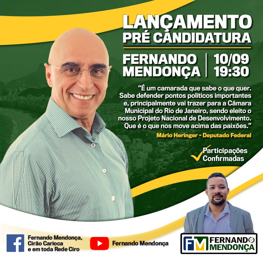 fernandomendorj's tweet photo. ⏰ LANÇAMENTO DA PRÉ-CANDIDATURA DE FERNANDO MENDONÇA A VEREADOR DO RIO DE JANEIRO🇧🇷
10/09 19h30
COM @CIROGOMES e @mario_heringer, TURMA BOA Confirme presença:
https://t.co/pfMntja9pl
🚨
Construa o PND 🇧🇷 DOE:
https://t.co/vSpk6uQ2kO
#RedeCiro #TurmaBoa #CirãoCarioca https://t.co/KO0tIzaJ6s
