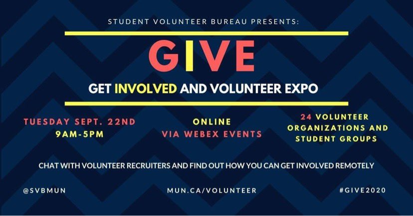 The Get Involved and Volunteer Expo (GIVE) will be happening online on Tuesday, September 22nd from 9am-5pm (NDT). Be sure to participate as there are tons of organizations looking for wonderful remote volunteers, like you! 

Follow our FB event: facebook.com/events/s/get-i…