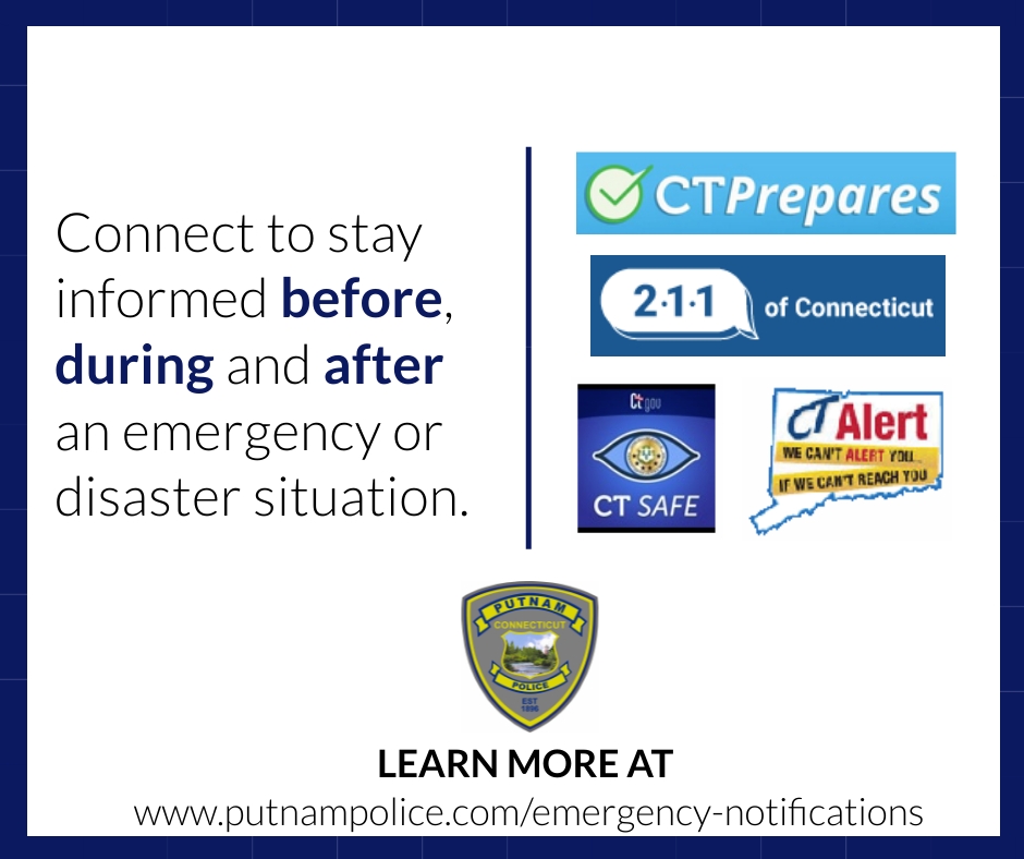 PutnamPolice's tweet photo. We encourages all residents of Putnam to connect with the various services provided to inform you before, during and after an emergency or disaster situation.

Learn more at https://t.co/kmKKzlGgRN
#PutnamCTPoliceDepartment #CommunityPolicing https://t.co/5oTPb8MXUu