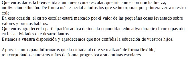 CEIPLOSREMEDIOS's tweet photo. Queremos daros la bienvenida a un nuevo curso escolar, que iniciamos con mucha fuerza, motivación e ilusión.
En esta ocasión, el curso escolar estará marcado por el valor de las pequeñas cosas levantado sobre valores y buenos hábitos. https://t.co/YG1aiLLDpb