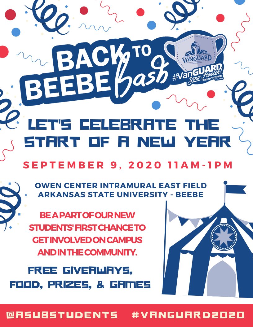 ASUBStudents's tweet photo. Don’t forget about Back-to-Beebe Bash tomorrow 11:00 AM - 1:00PM at the East Intramural Field. Free food, prizes, and an opportunity to “social distancely” connect with student organizations, local employers, 4-year colleges, and campus services.
#VanGUARDYourHealth #BBBash https://t.co/2ygEbyxMDZ