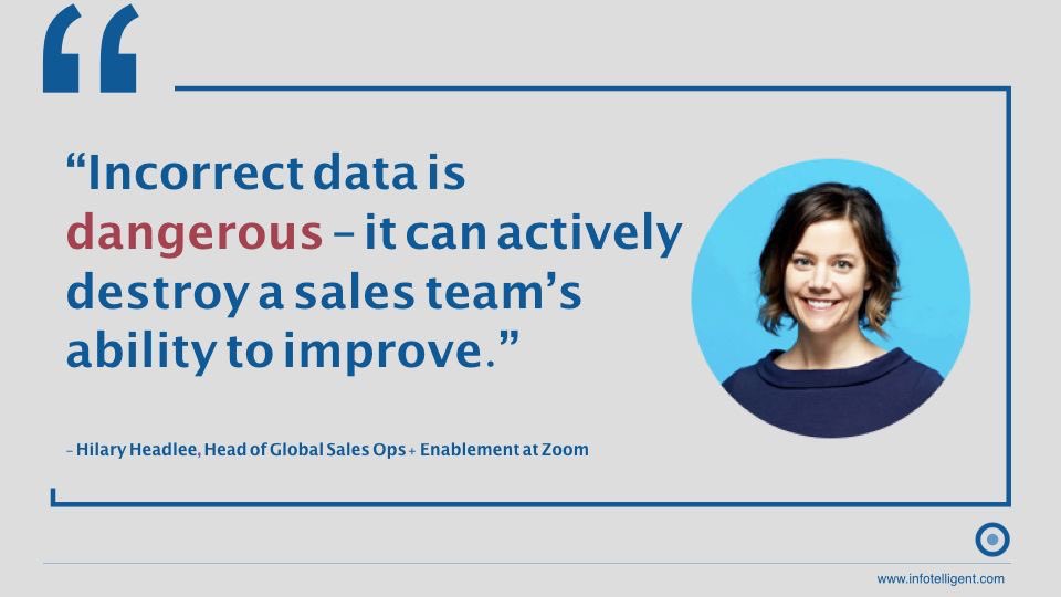 infotelligent's tweet photo. “Incorrect data is dangerous – it can actively destroy a sales team’s ability to improve.”

- Hilary Headlee, Head of Global Sales Ops + Enablement at Zoom

#sales #salesoperations #data #saas #salesenablement https://t.co/4YVnnrP4zU