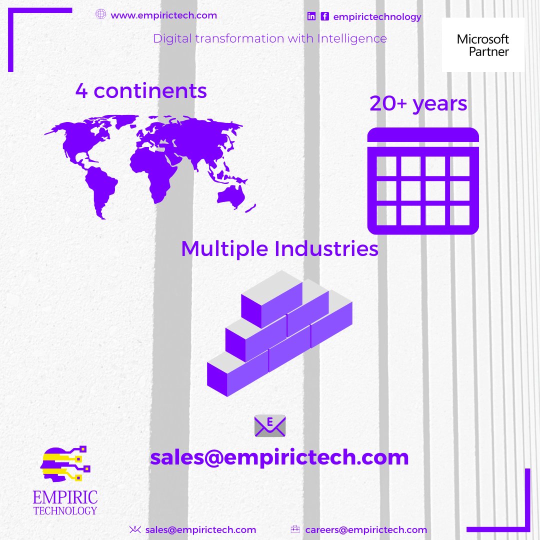 empirictech's tweet photo. Why are we unique?

🌎 Worked in 4+ continents ⌛️ 20+ years of systems integration experience 🥇Industry-focused expertise

Contact us at sales@empirictech.com 

#EmpiricTechnology #EmpiricTech #ERP #CRM #D365 #Dynamics365 #DigitalTransfomation #Technology  #microsoftpartner https://t.co/q5bJU43hos