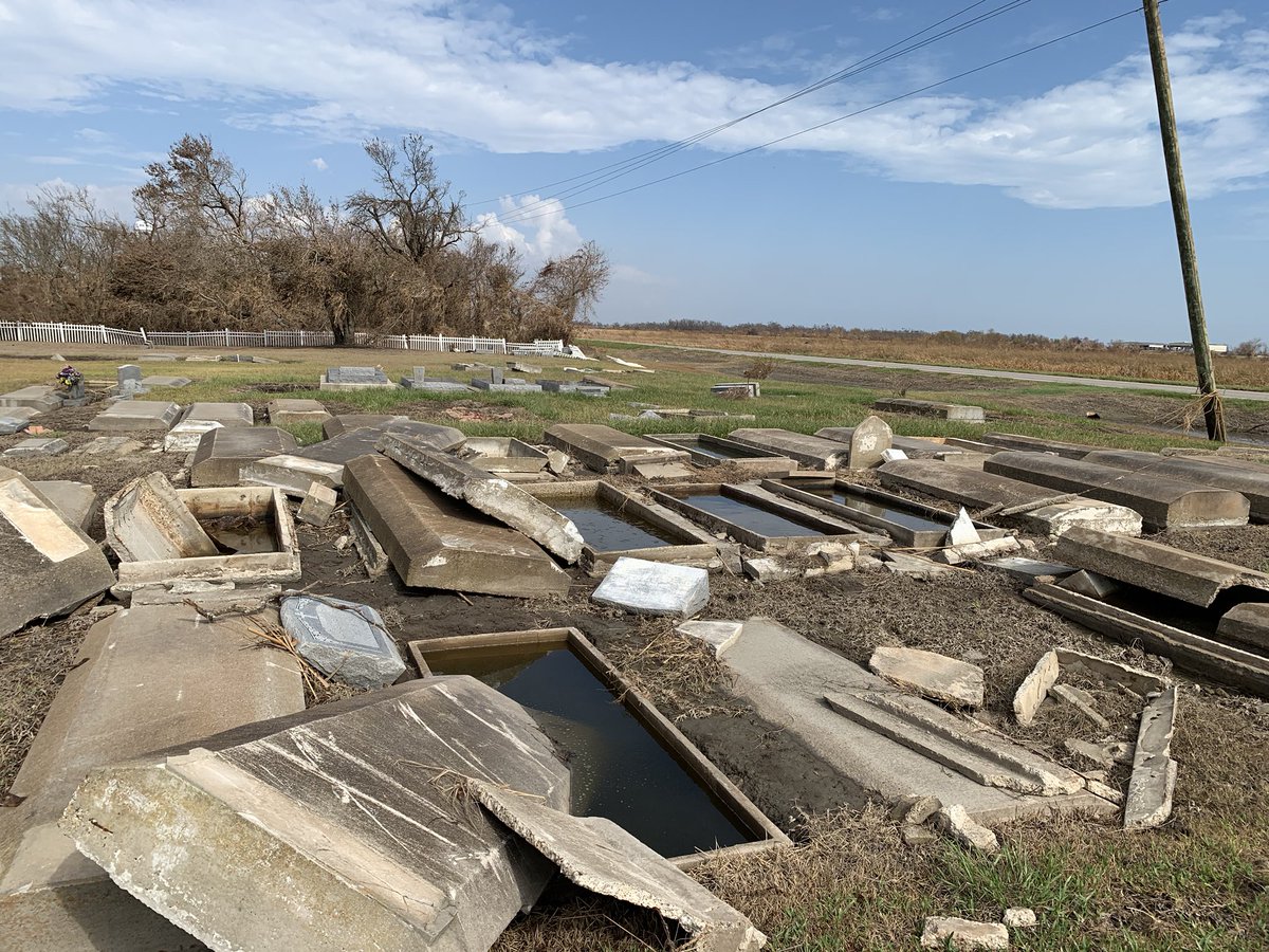 I went around with the parish coroner as he tried to assess how many graves had been upended by the storm. At one cemetery, we found femur, radius and mandible bones in the grass.Over 700 graves were disturbed by both Rita and Ike. Coffins were pulled from bayous and marshes.