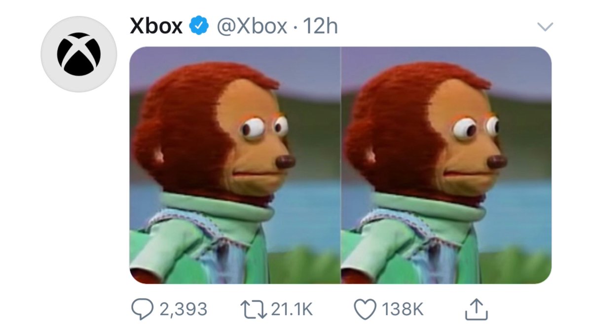 2:07 am EST: XBOX'S QUICK MEMEThe first  @Xbox reaction came 2.5 hours later in the middle of the night: the Awkward Look Monkey meme. No copy. Just a hysterical head nod to the leak.21,000+ RTs. 139,000+ likes.You gotta love it. Before confirming, they earned viral lulz.