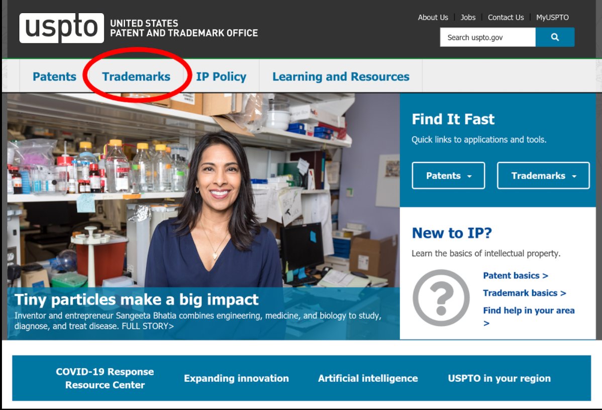 Once we're there, let's click on Trademarks  https://www.uspto.gov/trademark&nbsp;