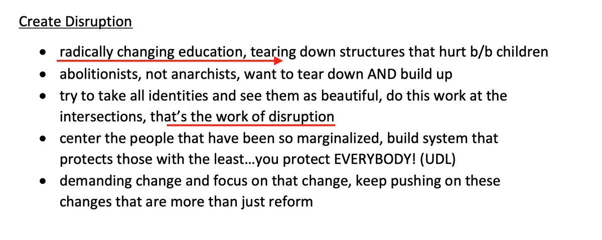 Dr. Love claims that "reform is not enough" and that public school teachers must push for "the abolition of prisons," overthrowing the capitalist wage labor system, "radically changing" the school system, and "tearing down structures" that impede "anti-racist education."