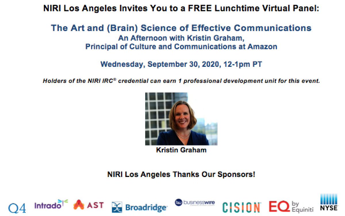 NIRI_LA's tweet photo. Join #NIRILA as we welcome Amazon's Principal of Culture &amp; Communications @kristingraham for a free lunchtime virtual panel: The Art &amp; (Brain) Science of Effective Communications. Register here: https://t.co/UuwnUUWeSv https://t.co/I4C2ihvC7B