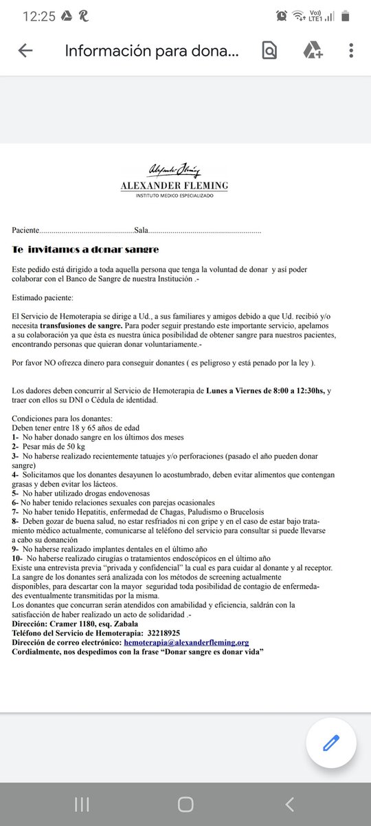 LaJaimo's tweet photo. Mi mamá está internada en terapia intensiva, y necesita dadores de sangre de cualquier grupo y factor. Para donar hay que cumplir con los requisitos en este docu, pedir turno al 32218925/ hemoterapia@alexanderfleming.org y dar su nombre: María Selva González Distacio. RT https://t.co/PMO9CHX6mV