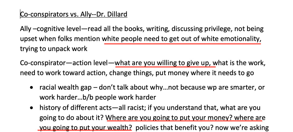 The speaker then demands that "white people need to get out of white emotionality" and must be "willing to give up" their "wealth." She claims that existing civil rights laws are "all racist" and that white teachers must be "co-conspirators" in the revolution.