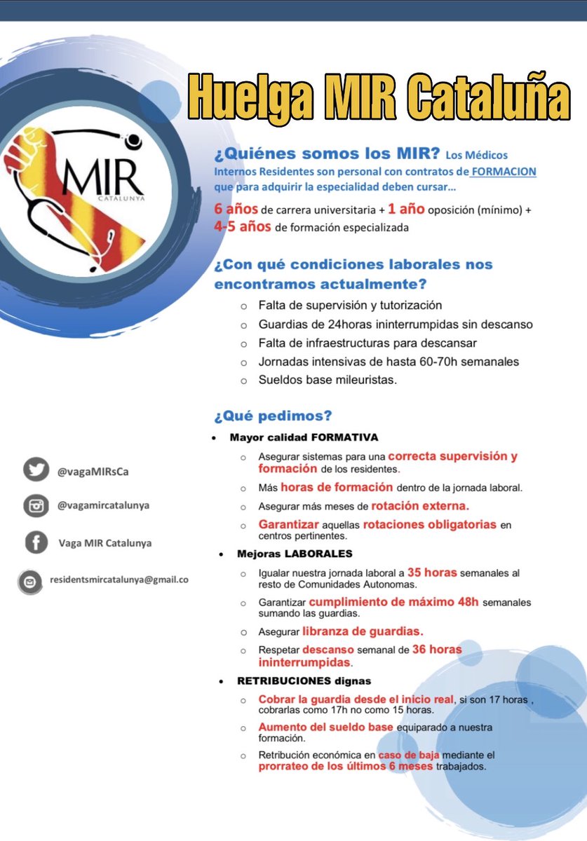 🟡 Huelga MIR Cataluña 🟡¿Quienes somos?, ¿Cuáles son nuestras condiciones?, ¿Qué pedimos?

Porque tenemos motivos de #huelgamir 

#mareamir #vagamir #huelgaresidentes #MIR