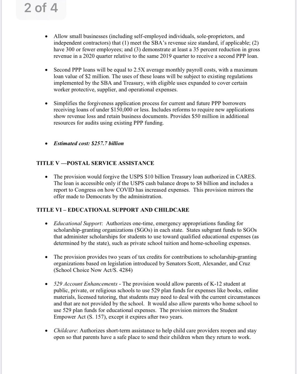 It would essentially codify Trump executive order on jobless benefits. It also would provide two years of tax credits for people to use for private schools (a school choice plan promoted by Cruz and others), would extend PPP by $257B, provide $16B for testing, $105B for schools.