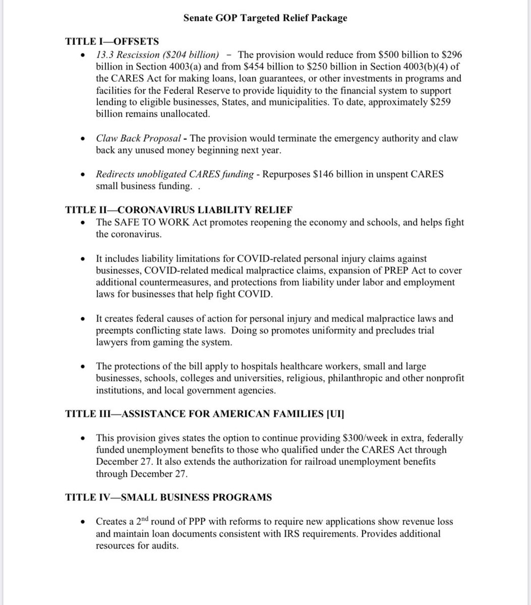 It would essentially codify Trump executive order on jobless benefits. It also would provide two years of tax credits for people to use for private schools (a school choice plan promoted by Cruz and others), would extend PPP by $257B, provide $16B for testing, $105B for schools.