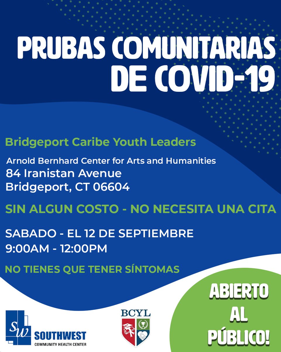 🚨POP UP #COVID19 COMMUNITY TESTING🚨

NO COST - NO APPOINTMENT NEEDED!

Join us this Saturday, September 12th
9:00am - 12:00pm

<a href="/BCYLeaders/">BCYL</a> 
84 Iranistan Avenue
Bridgeport, CT 06604

NO SYMPTOMS REQUIRED - OPEN TO THE PUBLIC!

#ValueCHCs #CommunityTesting