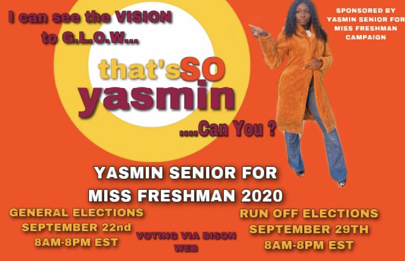 yasminnnx_1's tweet photo. Greetings bison,
I am Yasmin Y. Senior and I am gracefully vying to be your Miss Freshman for the 2020-2021 Academic School year here at Howard University! Prepare to G.L.O.W our freshman year!β€οΈπ
I can see the VISION ... CAN YOU ?
#hu24 #howard24 #thatssoyasmin https://t.co/mipbEwX9rT