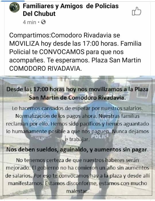 info_comodoro's tweet photo. Familiares y amigos de policías de Chubut. Convocan a una Movilización en reclamo por la normalización y de pagos de salarios hoy a las.17hs en la plaza San Martín. https://t.co/MZcr1z2JHk
