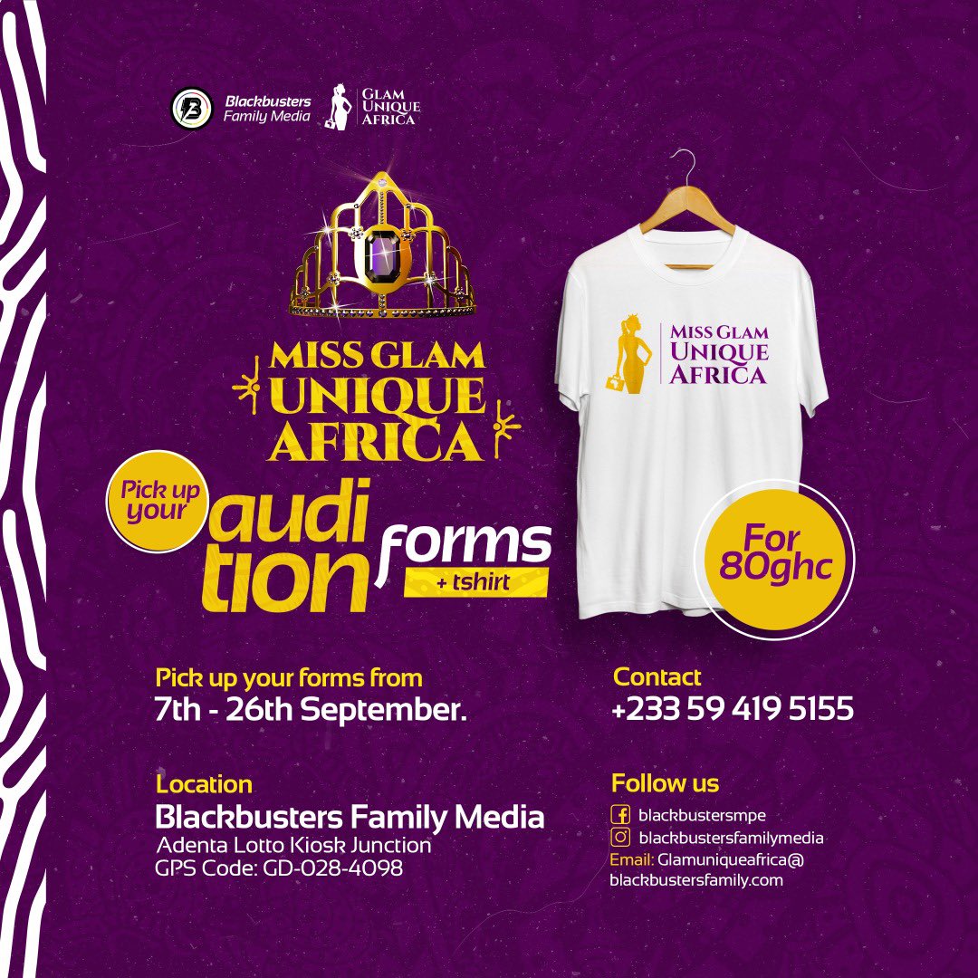 BlackbustersM's tweet photo. Audition forms for Miss Glam Unique Africa are available for sale.

contact us on 0594195155 to purchase now. 

#missglamuniqueafrica
#glamuniqueafrica https://t.co/Q47d2yh1Ru