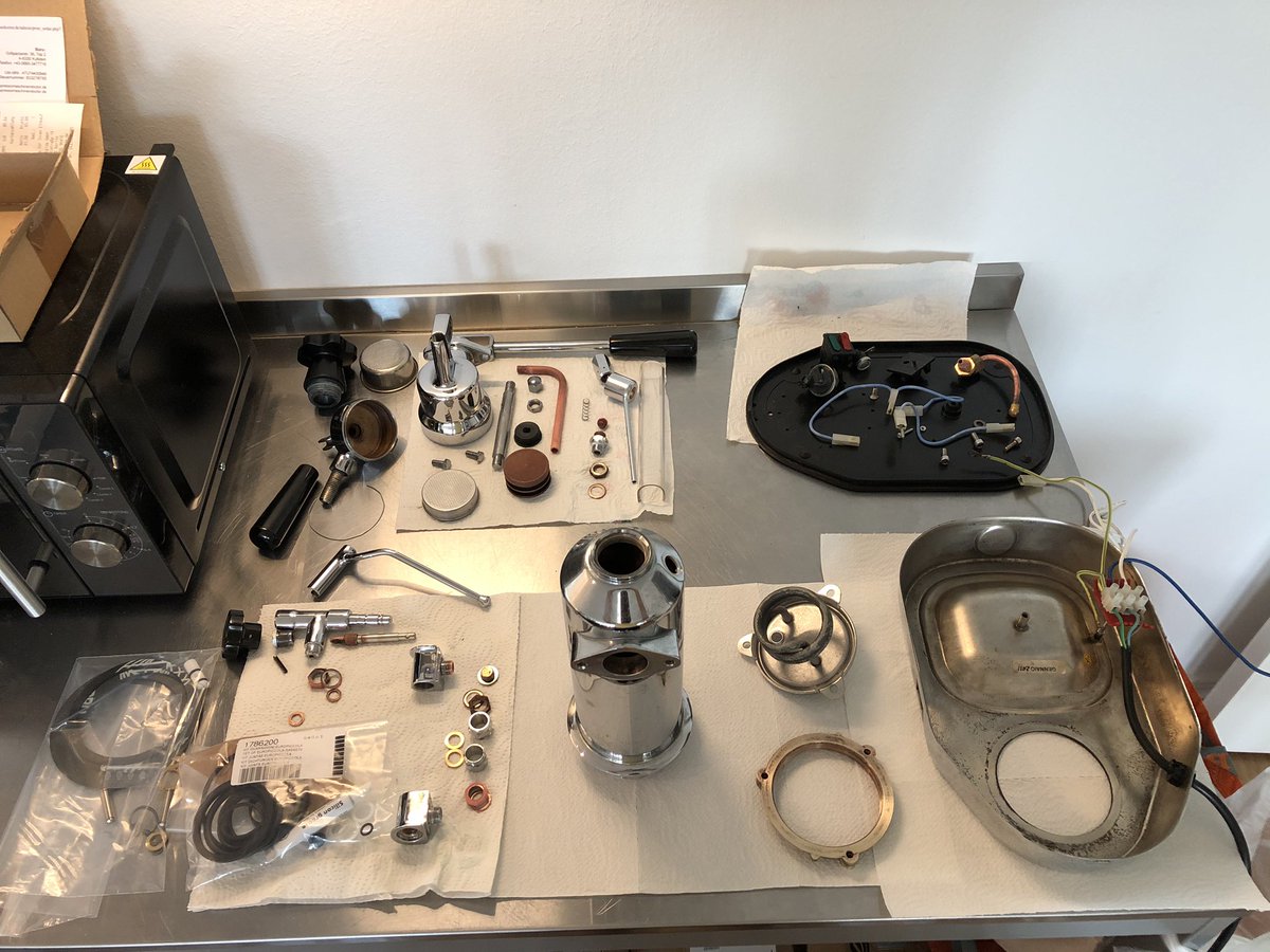 phfaist's tweet photo. Finally took the time to service my coffee machine. Thoroughly cleaned, o-rings & small parts changed, re-greased. Some uncooperative corroded screws needed persuasion. It feels like a brand new machine now, the new coffee quality was worth the hassle! #diy #espresso #sciencefuel https://t.co/SF6yQ3YV1x
