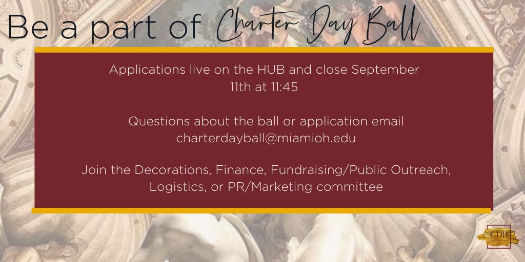 CharterDay_Ball's tweet photo. Do you want the chance to be a part of one of Miami's longest standing traditions? 
★
Charter Day Ball is a student organization dedicated to celebrating the history of Miami by bringing together students, alumni, and faculty. General body applications are open now on the HUB! https://t.co/AfET7UlBzH