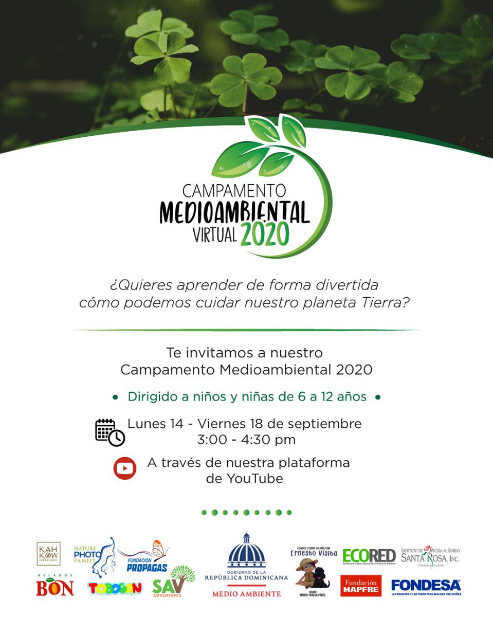AmbienteRD's tweet photo. ¡En pocos días inicia el Campamento Medioambiental Virtual 2020! Por nuestra plataforma de YouTube. ¡Te esperamos! https://t.co/olsIddymC6