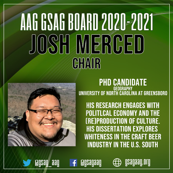 gsag_aag's tweet photo. Meet Josh Merced! He will be serving as our Chair for this upcoming year. Feel free to ask any questions to get to know him or his role for our community, or reach out to welcome him! #AAGGeogGrad #AAG https://t.co/DfLtldvW2y