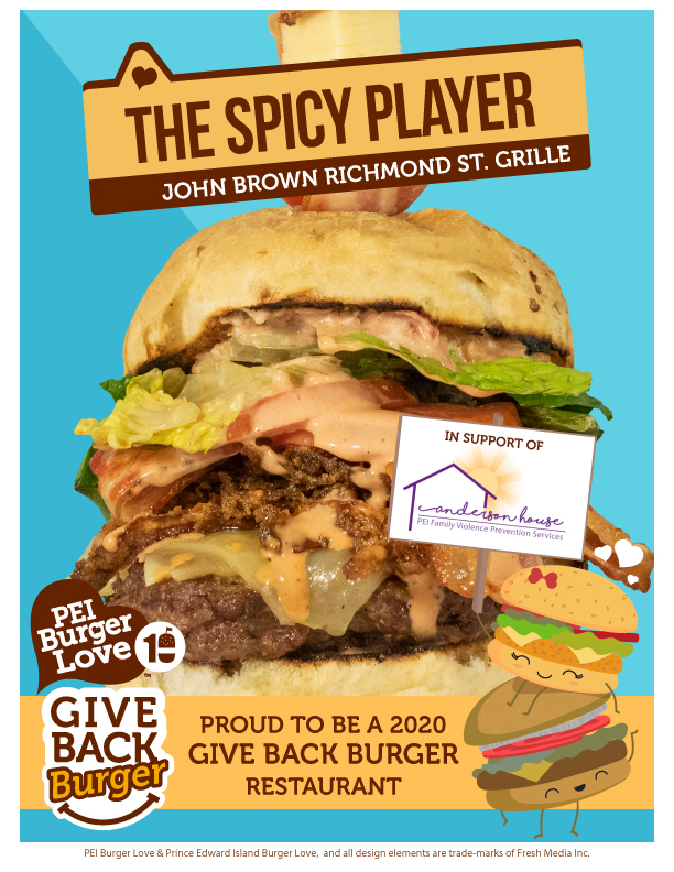 Give back with #GiveBackBurger! 

<a href="/johnbrowngrille/">John Brown Grille</a>
 will PROUDLY DONATE $1 from each 'The Spicy Player' burger sold during the campaign to Anderson House <a href="/PEIFVPS/">PEI FVPS</a>. Check it out at peiburgerlove.ca/burger/The-Spi…

#PEIBurgerLove #BLYEAR10 #PEI