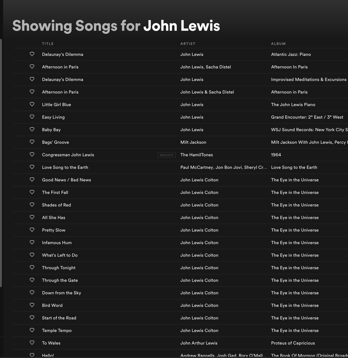 And don't even try to do a Spotify search on specific musicians whose name isn't part of the band's name. John Lewis might have been music director for the Modern Jazz Quartet for most of his life, but the folks at Spotify are blissfully unaware of this connection.