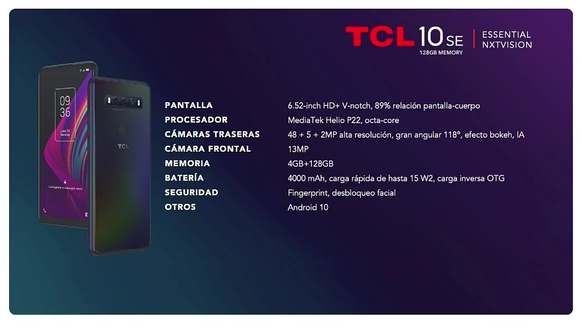UECenter's tweet photo. El último integrante de la nueva serie 10 de @TCLMex es el TCL 10 SE con versiones de 64 y 128 GB de almacenamiento, pantalla de 6.52" optimizada con #NXTVision, CPU Mediatek Helio P22, 4GB de RAM, cámaras de 48MP, 5MP y 2MP.
#UECenter #TCL #TCL10SE #DisplayGreatness https://t.co/KyDlFXl22r