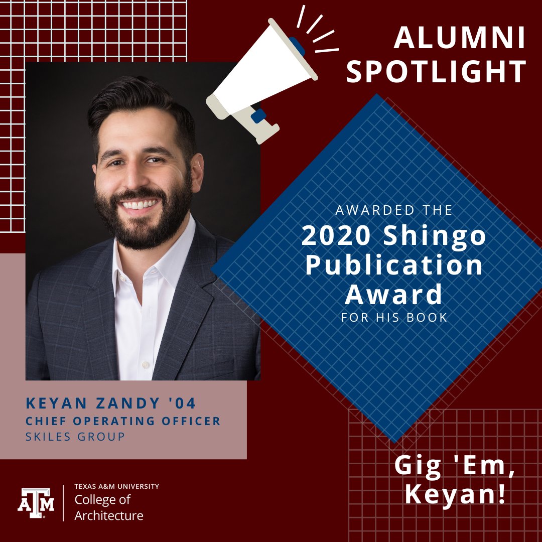 TAMUArchCollege's tweet photo. Congratulations to Keyan Zandy '04, winner of the 2020 Shingo Publication Award for his book, "The Lean Builder: A Builder's Guide to Applying Lean Tools in the Field." 
Gig 'Em, Keyan! #Whoop!
#tamu #aggies https://t.co/ereTs3YFDb