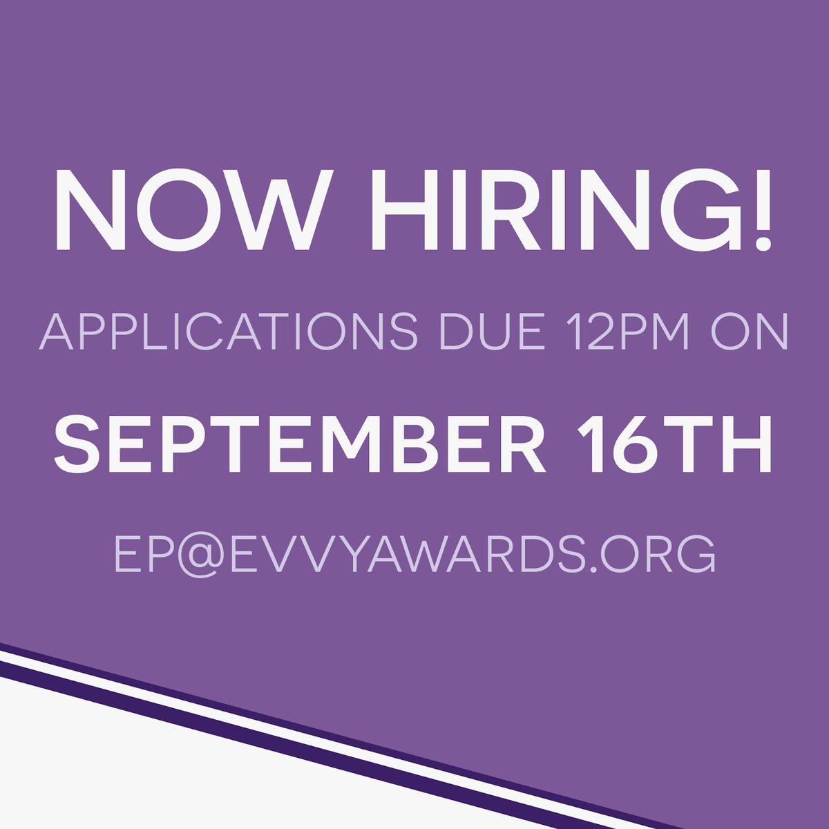 TheEVVYs's tweet photo. #EVVY40 is officially hiring!! For more information on open positions, head over to our Facebook and check out the Hiring Packet with full descriptions of jobs and how to apply! Questions? Contact us at ep@evvyawards.org ✨💜 https://t.co/irgGFDLWyi