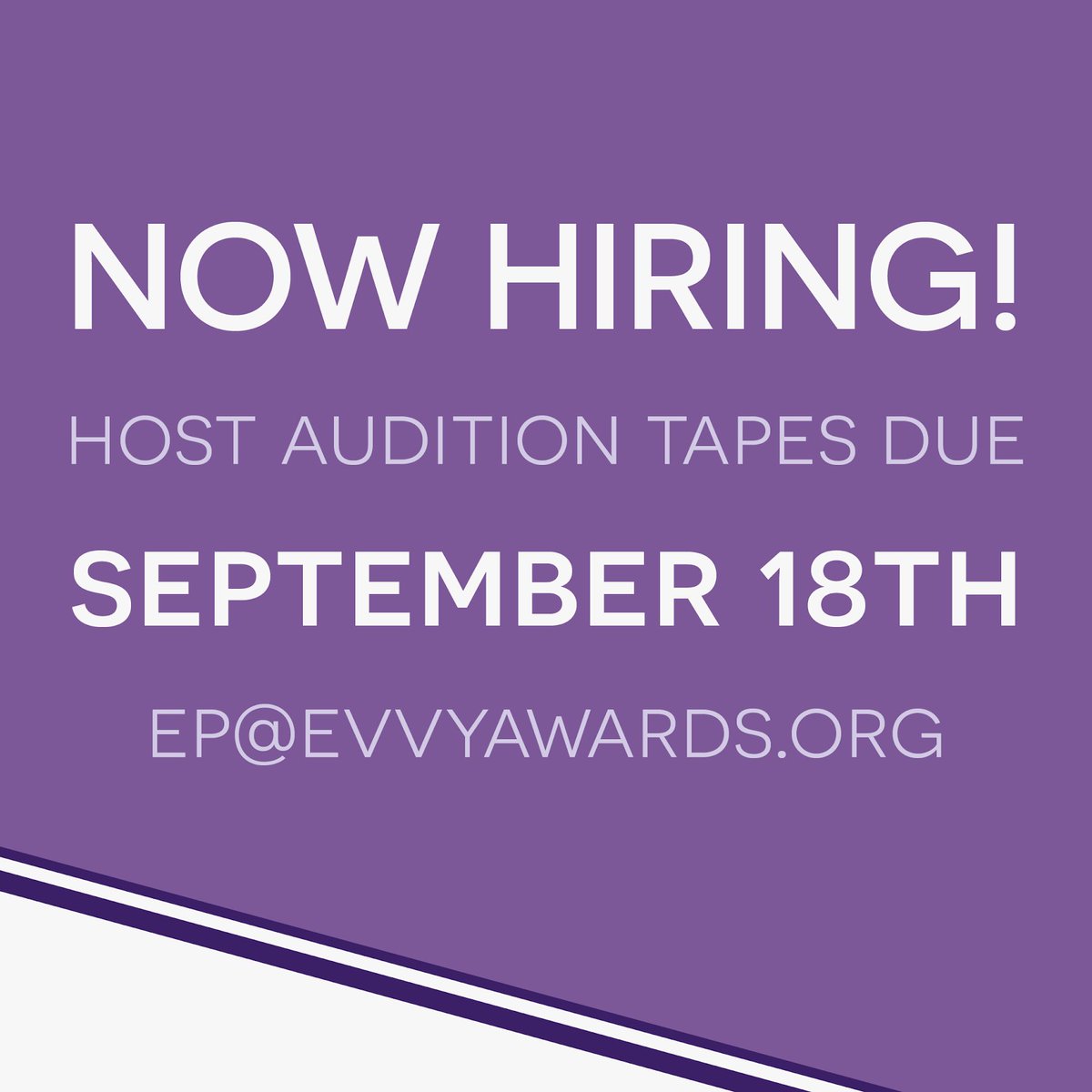 TheEVVYs's tweet photo. #EVVY40 is officially hiring!! For more information on open positions, head over to our Facebook and check out the Hiring Packet with full descriptions of jobs and how to apply! Questions? Contact us at ep@evvyawards.org ✨💜 https://t.co/irgGFDLWyi