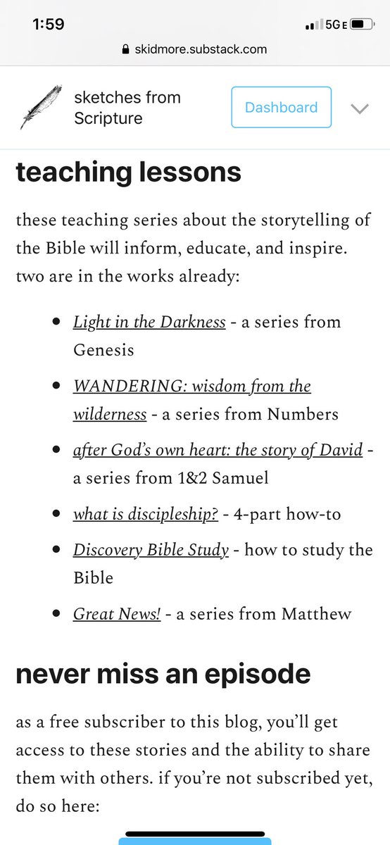 my podcast has hours of Bible study storytelling and Scripture-inspired short stories written by me.series so far include Genesis, Numbers, Samuel, and Matthew.search for “sketches from Scripture” in your podcast app or listen on  http://skidmore.substack.com .