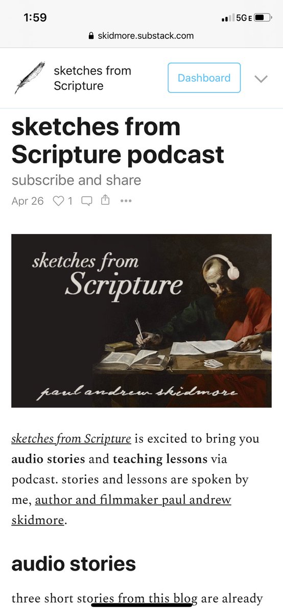 my podcast has hours of Bible study storytelling and Scripture-inspired short stories written by me.series so far include Genesis, Numbers, Samuel, and Matthew.search for “sketches from Scripture” in your podcast app or listen on  http://skidmore.substack.com .