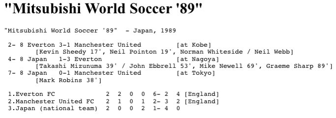 #80 EFC 3-1 Japan -Aug 4, 1989. EFC won the Mitsubishi World Soccer 89 Cup by defeating the Japan national team 3-1 in Nagoya with goals from Graeme Sharp, Mike Newell & John Ebbrell. Despite Man Utd beating Japan 1-0 3 days later EFCs prior win over Utd meant EFC lifted the cup.