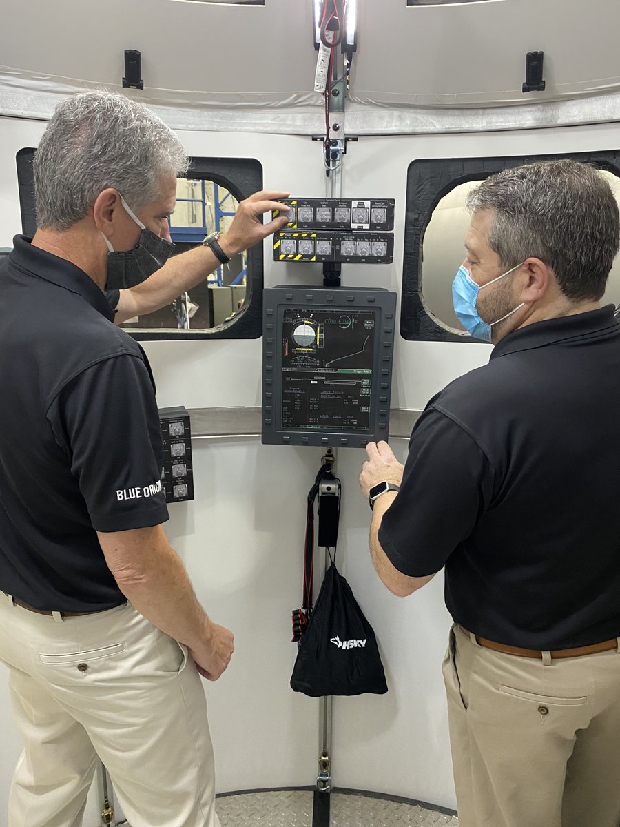 blueorigin's tweet photo. Blue Origin’s Nick Patrick and Mike Good, former @NASA astronauts, visited @NASA_Johnson to evaluate our National Team’s engineering mockup – a step in our journey to return to the #Moon. We are fortunate to have their experience to ensure astronaut compatibility. https://t.co/IBN5szSSVY